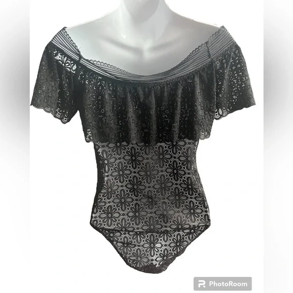 Victoria Secret Black‎ Lace Off Shoulder body suit M - Picture 2 of 5